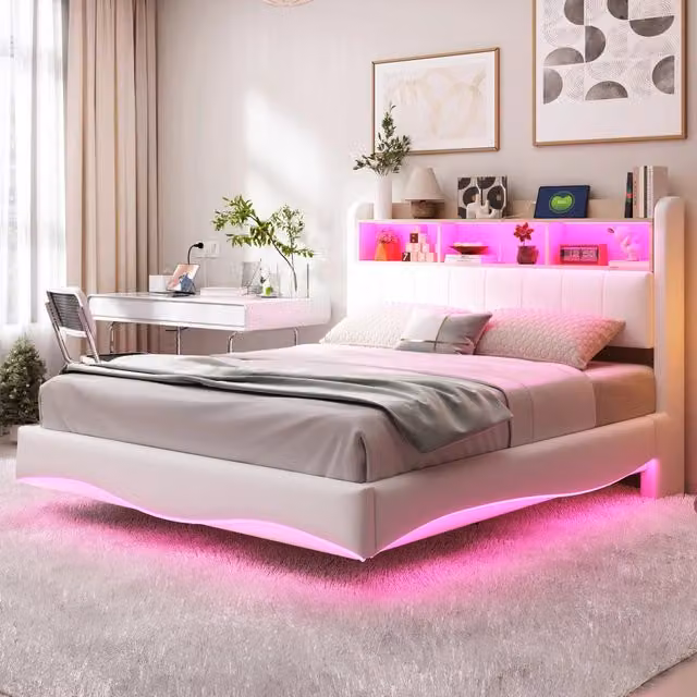 Letto imbottito sospeso 140x200 - Zephmum - Tessuto lino, luce LED, USB, Type-C, Beige