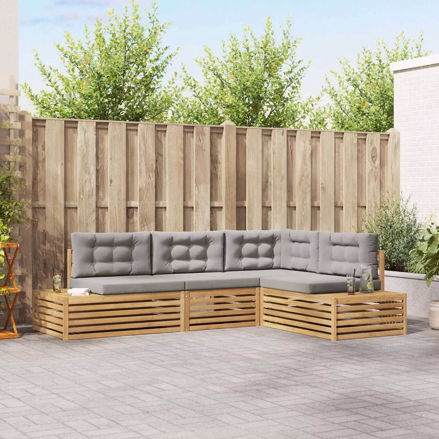 Set di 5 divani da esterno vidaXL a forma di L con struttura in legno di acacia e cuscini in poliestere resistente ai raggi UV, colore bianco, grigio o marrone