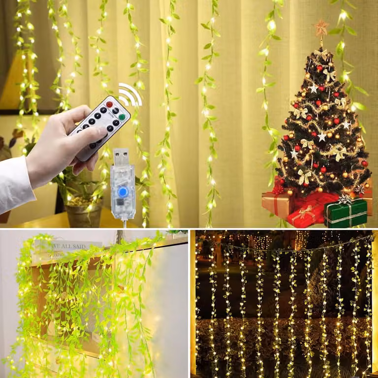 Catena luminosa a LED a forma di edera artificiale, lunghezza 3 metri, 100 LED, luce bianco caldo, 8 modalità