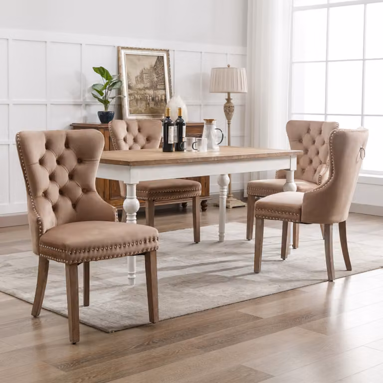 Set di 4 sedie da pranzo Flieks, sedia da cucina con gambe in legno massiccio e anello di trazione, sedia da pranzo imbottita con rivestimento in velluto, marrone