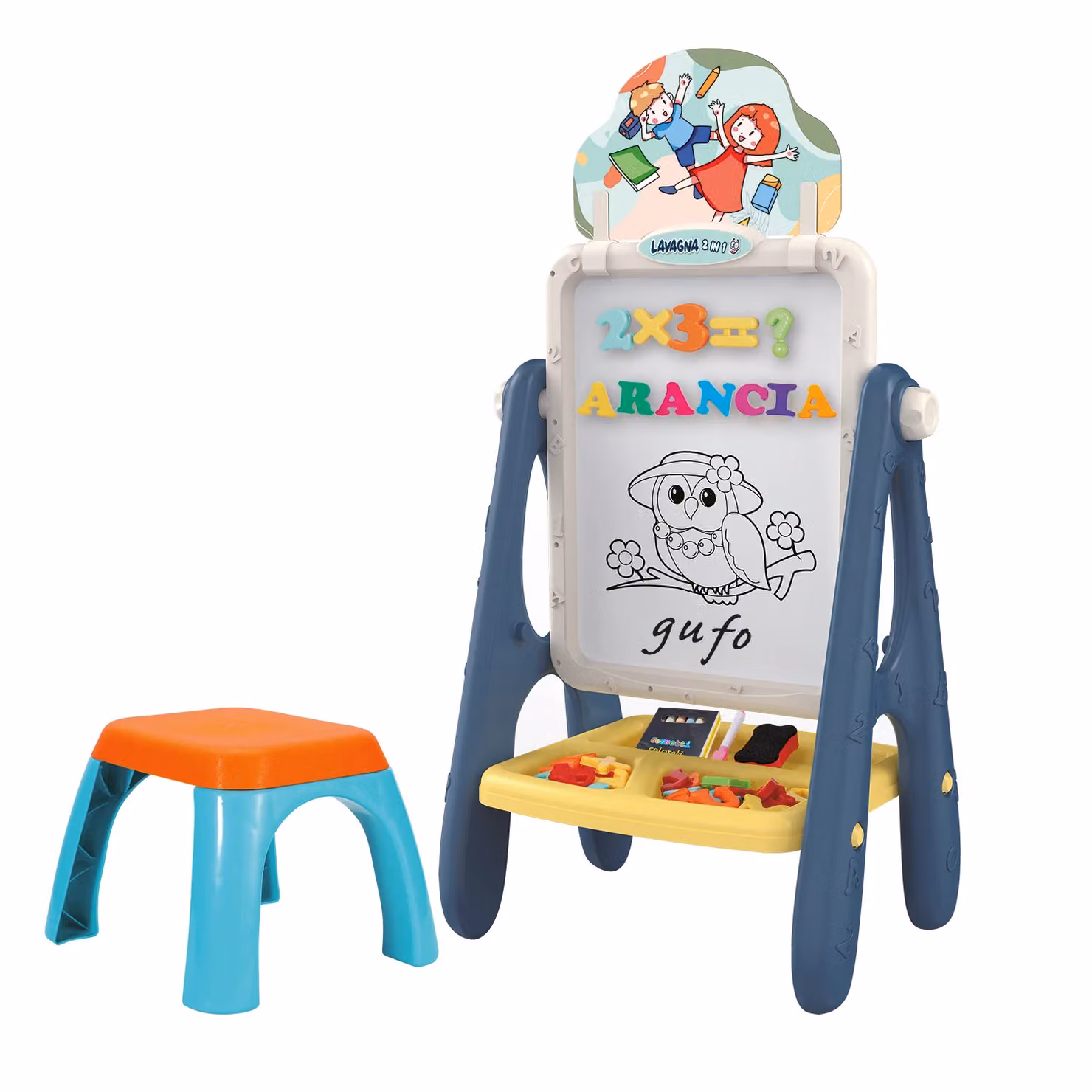 Lavagna Magnetica 2 in 1 con Sgabello TU GIOCHI, Multicolore, 56 Pezzi