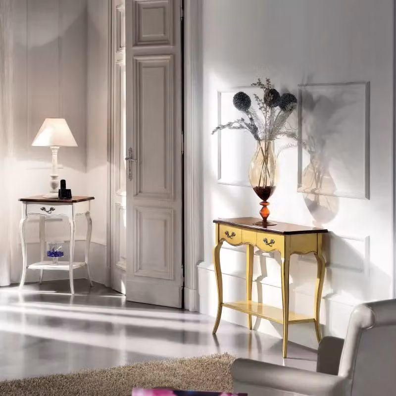 Consolle classica in legno con 2 cassetti stile shabby chic bicolore giallo e marrone L/P/H: 88 x 33 x 79 cm - Mobili 2G – 2