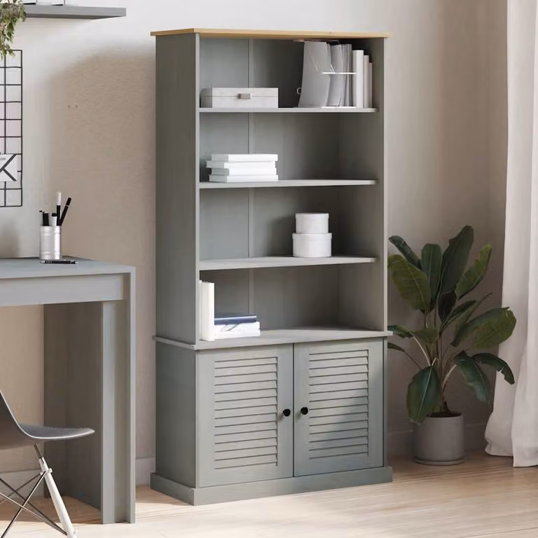Libreria vidaXL VIGO in legno massello di pino e metallo, stile rustico, Grigio, L 85 cm x P 35 cm x H 170 cm