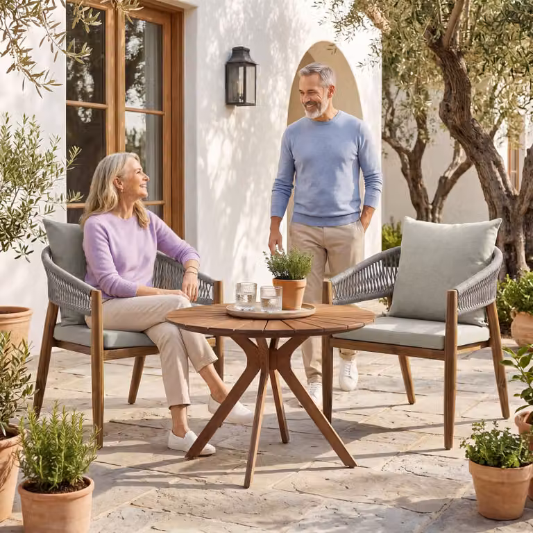 Set da giardino TecTake composto da tavolo rotondo e 2 sedie in legno di acacia beige resistente alle intemperie