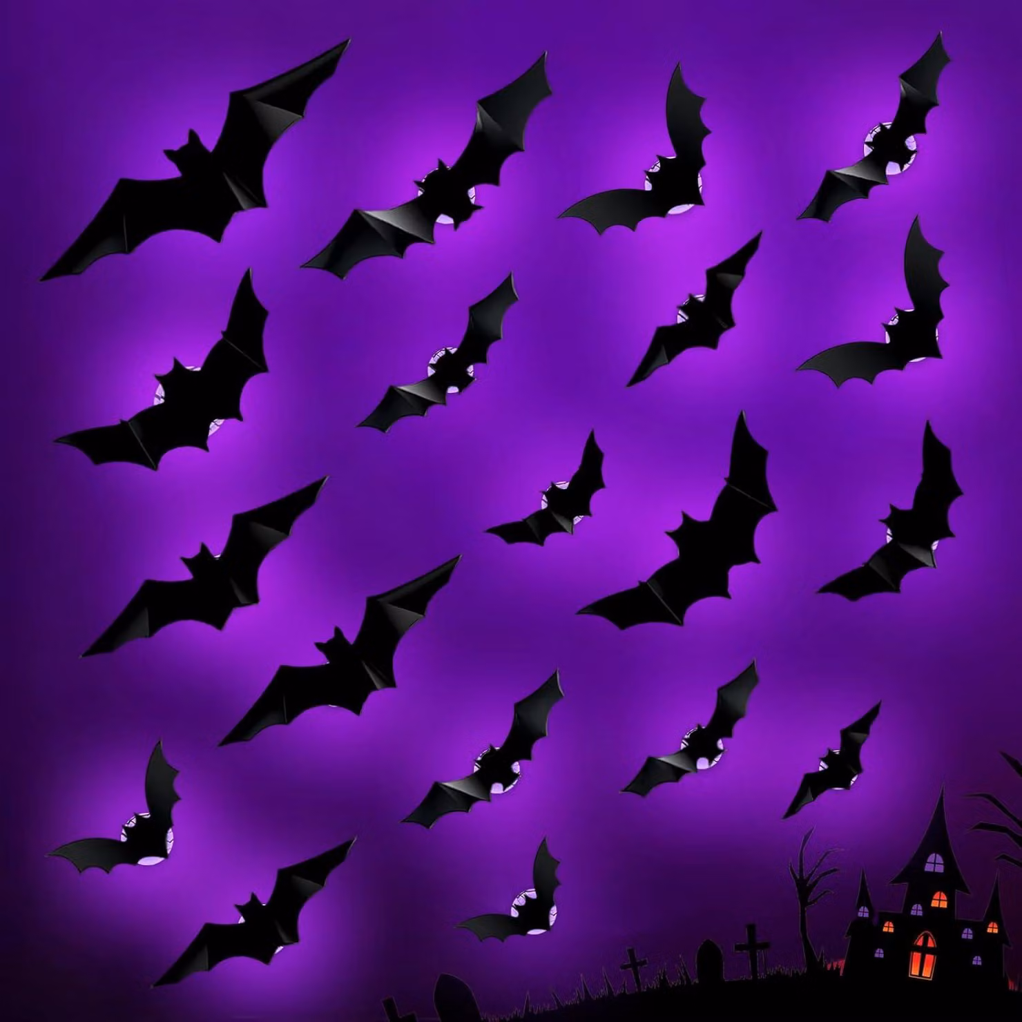 Decorazioni per Halloween: 24 pipistrelli LED viola, adesivi murali 3D per decorazioni di Halloween, set per decorazioni interne ed esterne, adatti per finestre e porte
