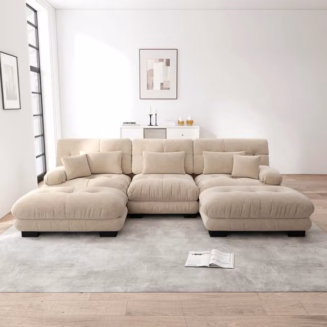 Divano modulare MIVRAY in ciniglia beige e marrone con ottomane mobili, configurabile a U, a L o lineare, con seduta profonda e cuscini inclusi