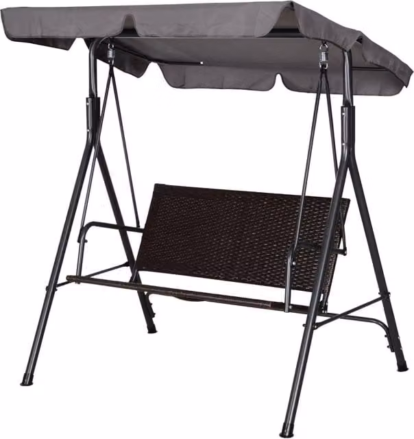 Dondolo da Giardino a 2 Posti Giordanoshop con Tettuccio Regolabile in Metallo e Rattan PE, Colore Marrone, Grigio e Nero, L/P/H: 140 x 110 x 151 cm – 1