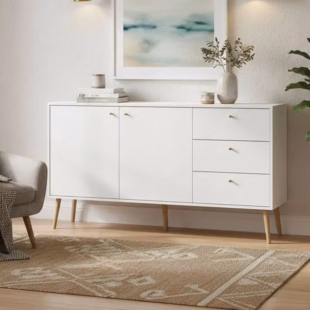 Credenza Erina DMORA, Buffet e Madia da Soggiorno o Cucina, Bianco Opaco, L: 147 cm, P: 39 cm, H: 82 cm