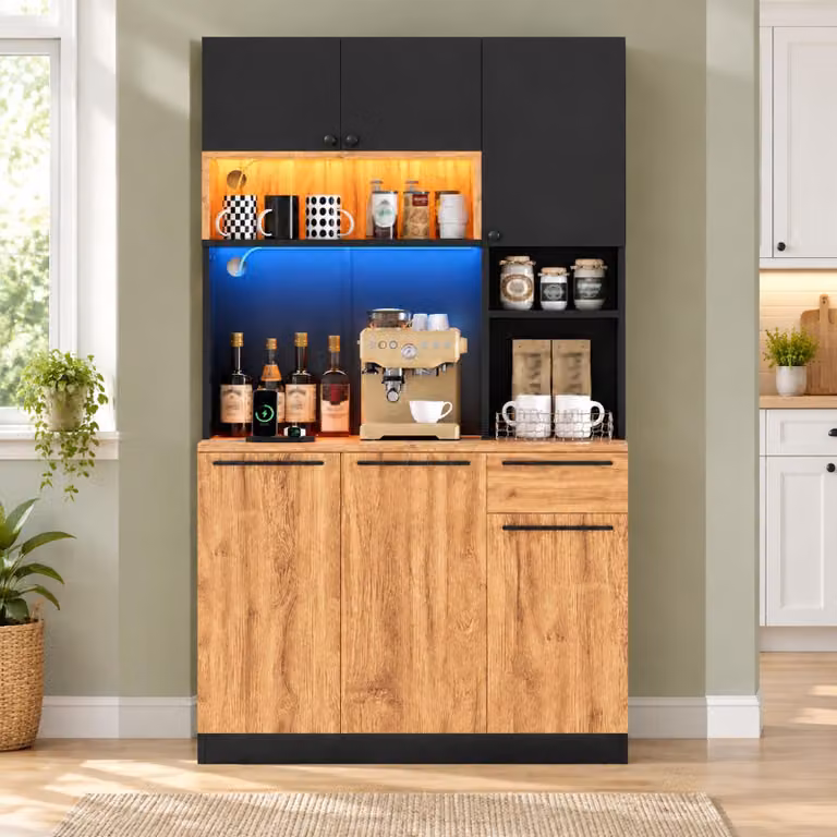 Mobiletto da cucina MODFU con illuminazione a LED, 100 × 40 × 180 cm, mobiletto alto con presa di corrente e USB, dispensa con 6 ante e 1 cassetto, colore nero e naturale