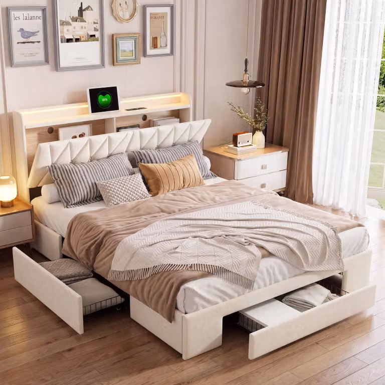 Letto imbottito INONEFT, 140x200 cm, con porta USB, letto per ragazzi/coppie con 3 cassetti, letto contenitore in legno massello con LED e rete a doghe, in velluto, color beige