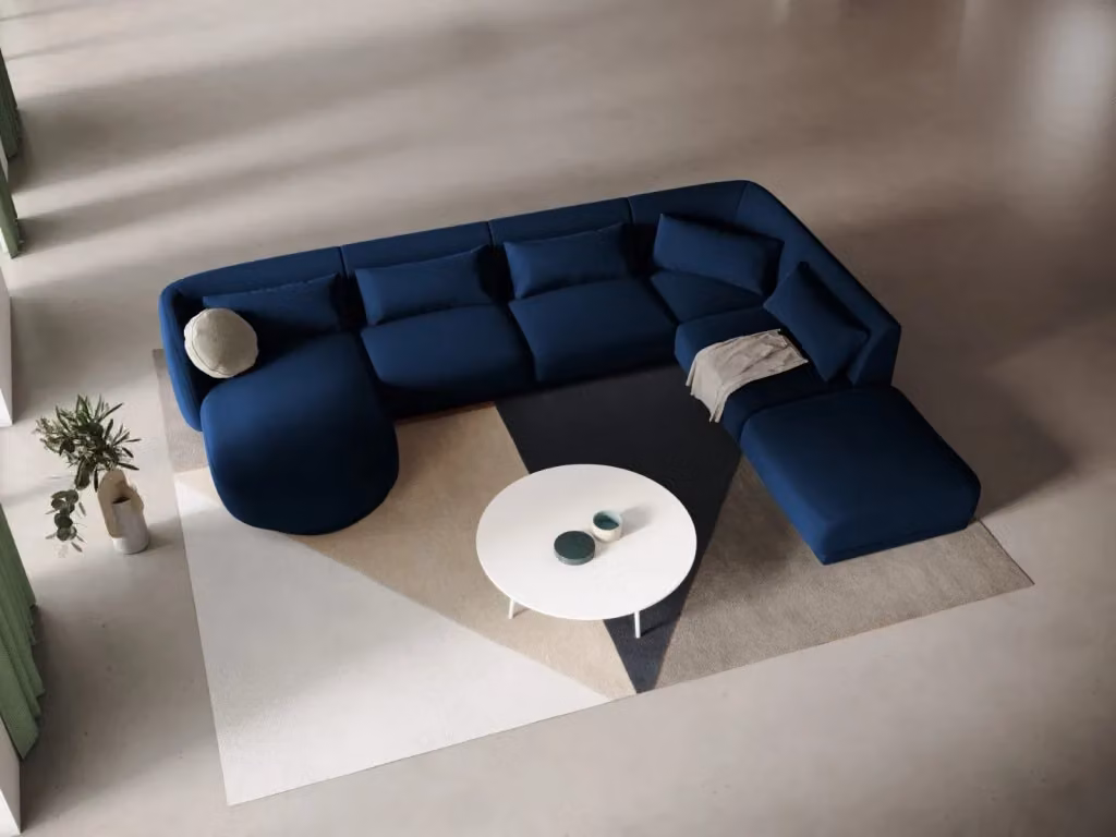Divano panoramico destro Tulum di Cosmopolitan Design in velluto blu, 6 posti, L 330 cm x P 167 cm x H 70 cm – 2
