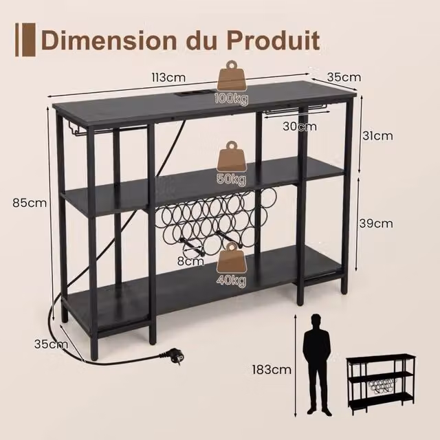 Mobile Bar Portabottiglie per 15 Bottiglie con Portabicchieri Prese AC e USB Mobile Cantinetta Vino Stile Industriale Grigio