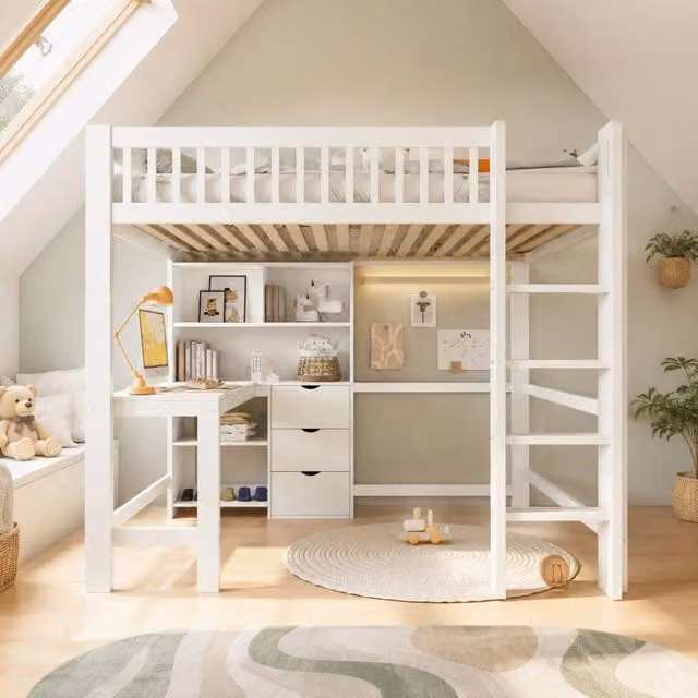 Letto a soppalco Mivray bianco con scrivania, 3 cassetti e scala in legno di pino e MDF, L/P/H: 200 x 140 x 180 cm