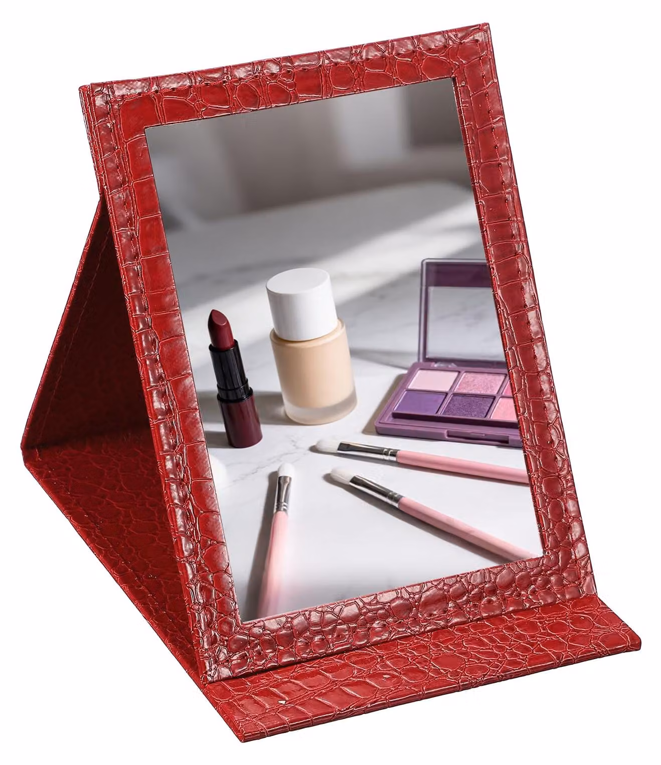 Specchio da trucco pieghevole, dimensioni 25,5 x 18 cm, colore rosso, rivestito in ecopelle