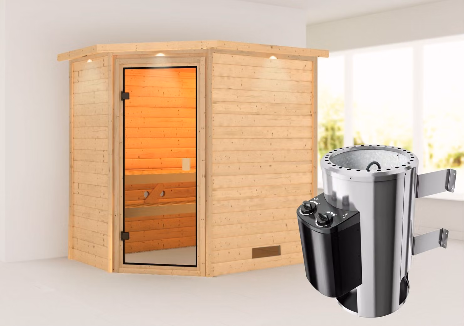Sauna Woodfeeling Jella (ingresso ad angolo), porta tutto vetro, colore bronzo, riscaldatore 3,6 kW centralina integrata