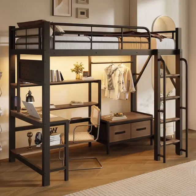 Letto a soppalco 90x200 cm con scrivania; LED e USB in metallo e MDF nero