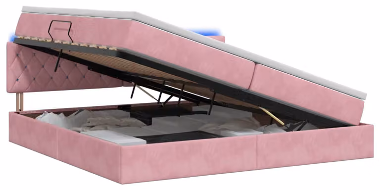 Letto imbottito con tecnologia LED e materasso rosa, dimensioni 200 x 200 cm, rivestito in velluto