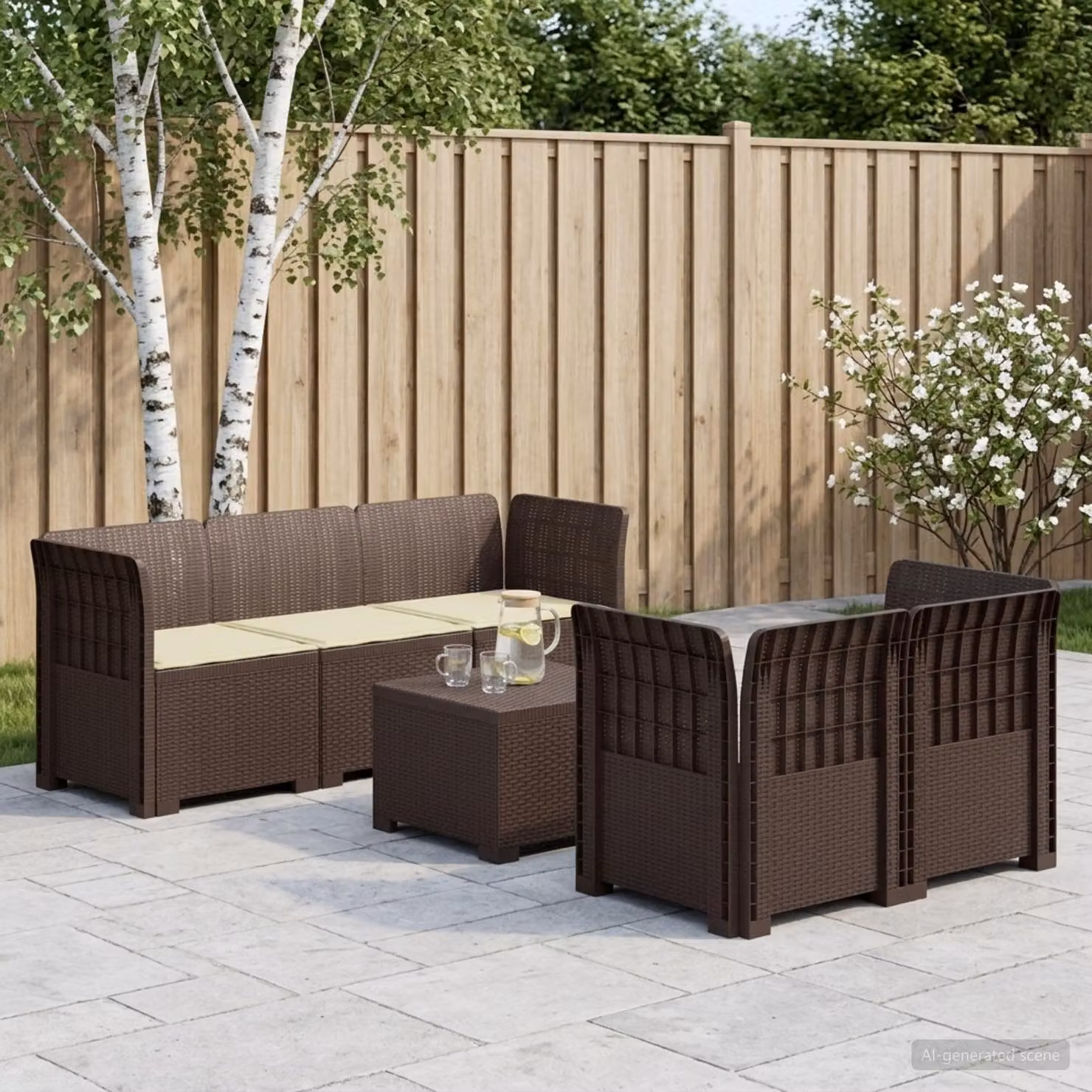 Set da giardino vidaXL a forma di L con divano a 3 posti, poltrona e tavolino da caffè in polyrattan marrone e cuscini beige resistenti ai raggi UV