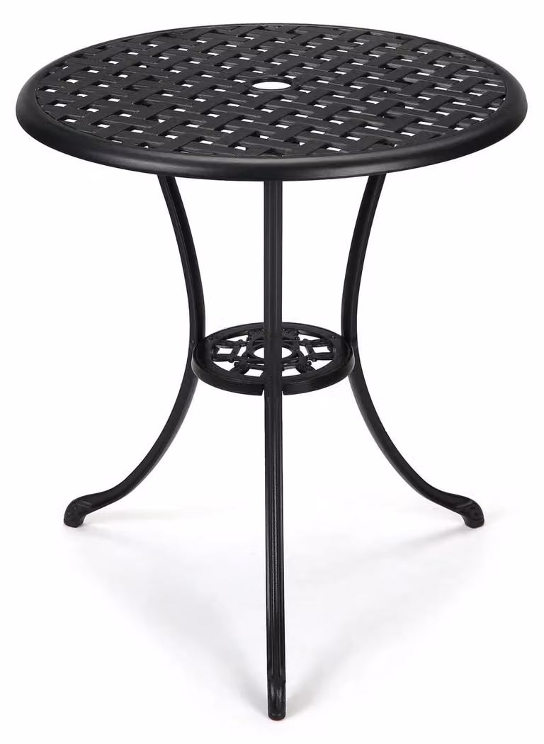 Tavolino da esterno in stile bistro – Tavolino rotondo per caffè – Diametro 60 cm – Altezza 65 cm – Include un ombrellone di 5 cm – Realizzato in alluminio verniciato a polvere – Colore nero