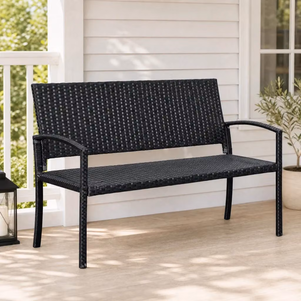Panchina a 2 posti MODFU in polyrattan nero con struttura in acciaio, L: 122 cm, P: 60 cm, H: 87 cm – 2