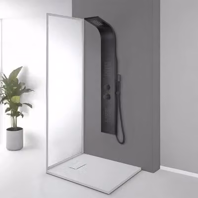 Pannello doccia idromassaggio in alluminio nero opaco con doccetta a mano e diverter, H: 145 cm, L: 45 cm, P: 20 cm – 2