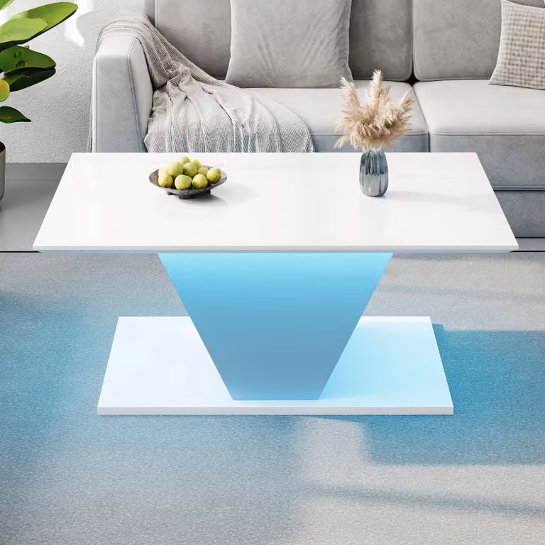 Tavolino Merax a forma di V con illuminazione a LED, tavolo da soggiorno di design scandi con superficie lucida, 100x50x46 cm, bianco