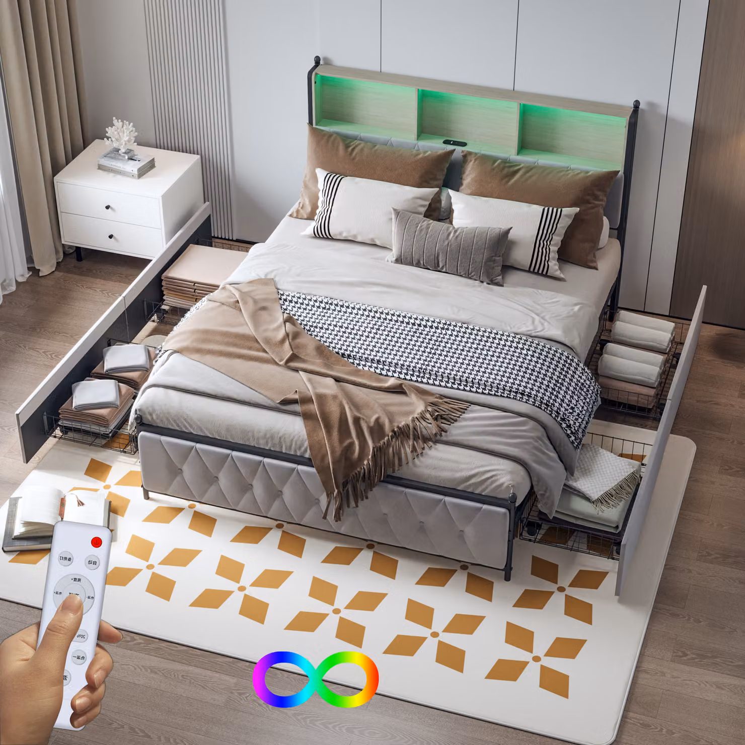 CDGlobal_De Struttura letto imbottita 140 x 200 cm con stazione di ricarica e luci LED, struttura letto in metallo con 4 cassetti