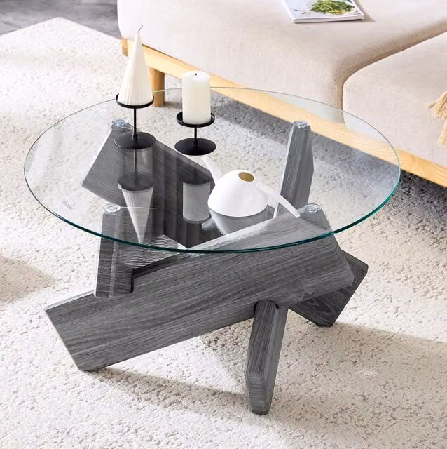 Tavolino rotondo in vetro e MDF grigio Ø79 cm con base a croce