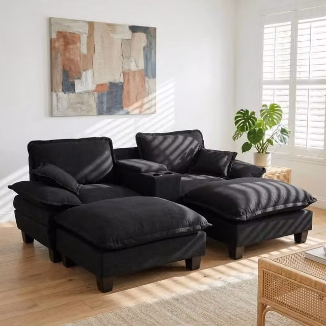 Divano Angolare Modulare con Ottomane ¨C Xylo ¨C Nero, Chenille, USB, Contenitore