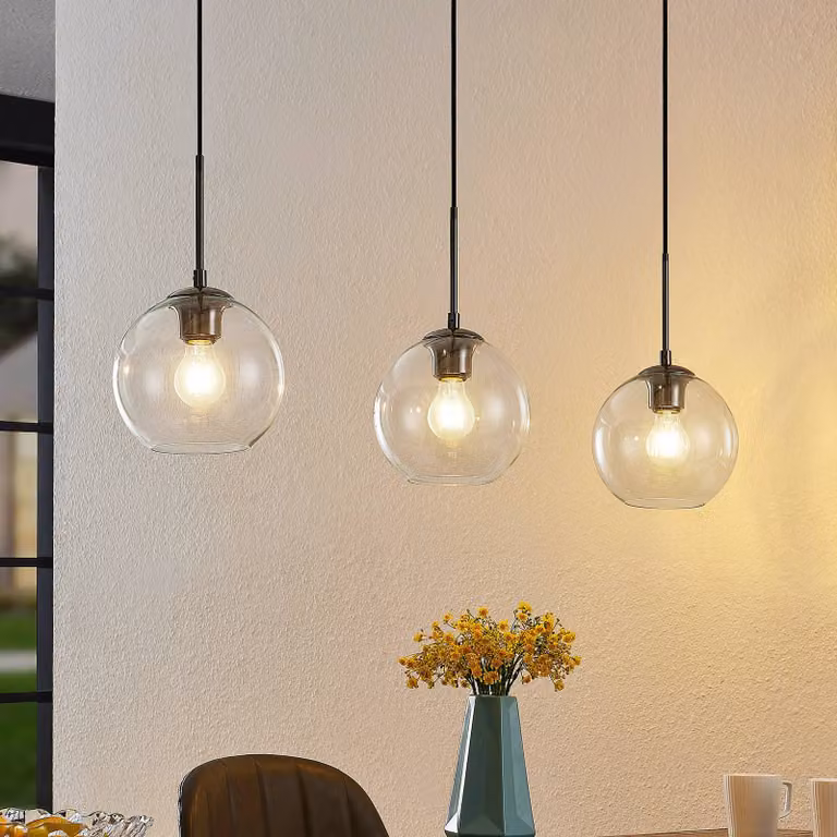 Lampada a sospensione in vetro Firano Lindby, dimmerabile, Alluminio / Grigio / Zincato, Soggiorno / Sala da pranzo, Metallo, Moderno, Lampada a sospensione
