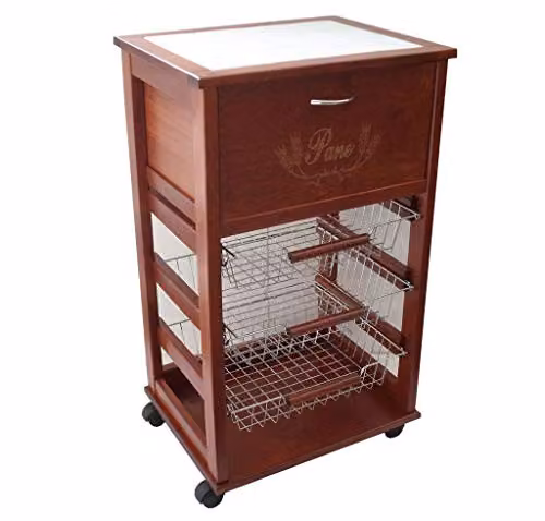 CARRELLO PORTAPANE PORTAFRUTTA IN MASSELLO CON CASSETTI ACCIAIO VARIE FINITURE CON RUOTE (CILIEGIO)