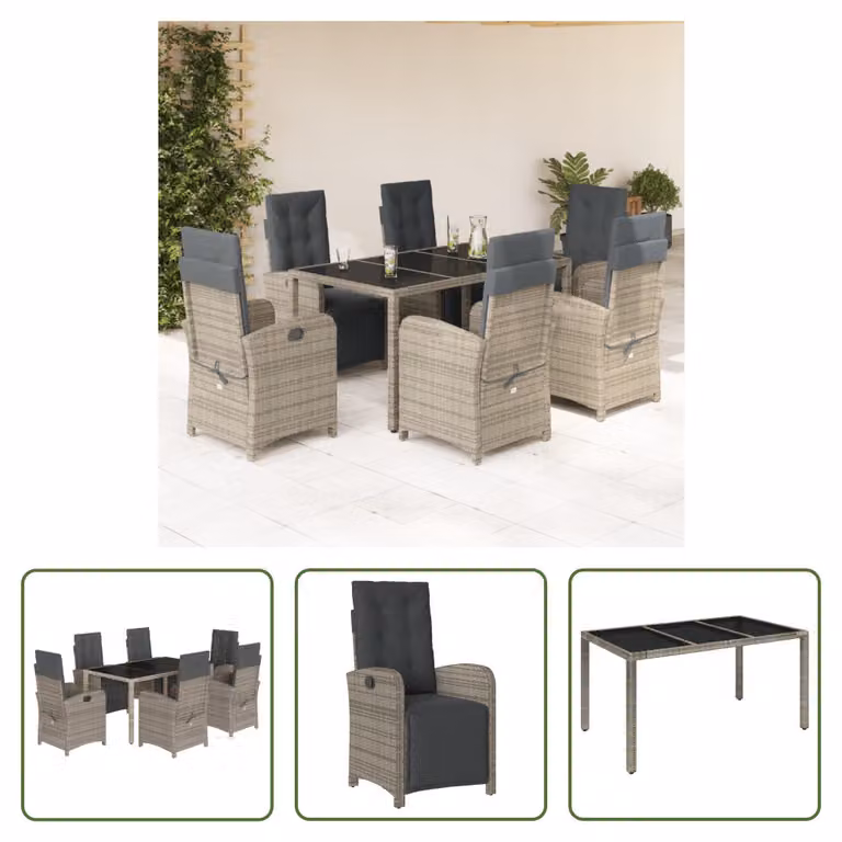 The Living Store Set da pranzo da giardino 7 pezzi con cuscini in poly rattan grigio