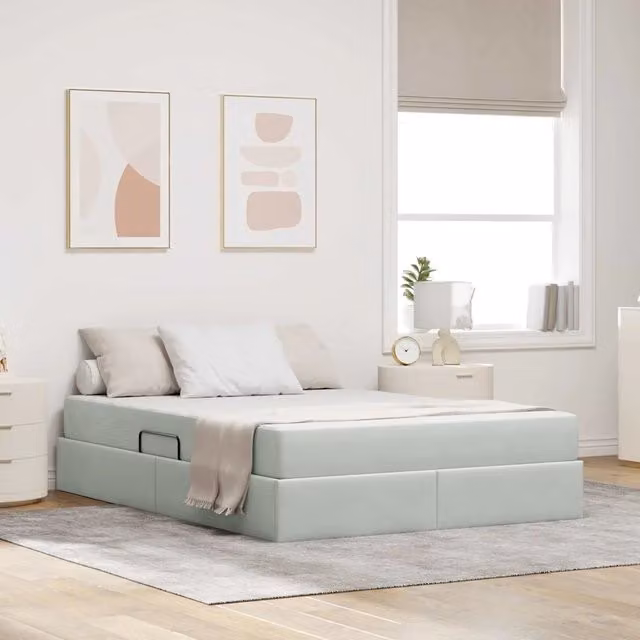 vidaXL Letto con contenitore e materasso ibrido in tessuto grigio L: 140 cm, P: 200 cm, H: 280 cm