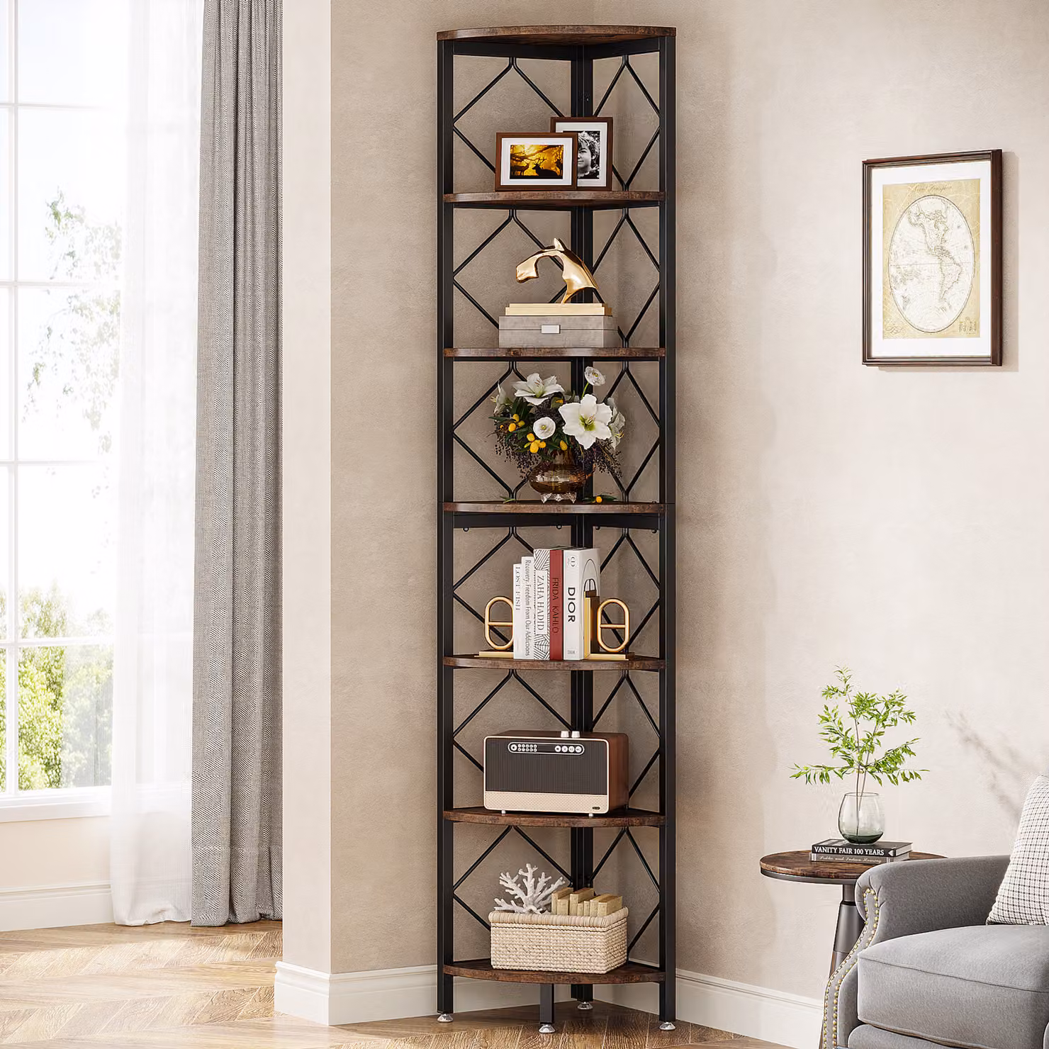 Tribesigns Scaffale angolare a 7 livelli, libreria angolare da 200 cm, industriale, scaffale stretto per spazi piccoli e stretti, supporto per scaffale angolare, scaffale portaoggetti