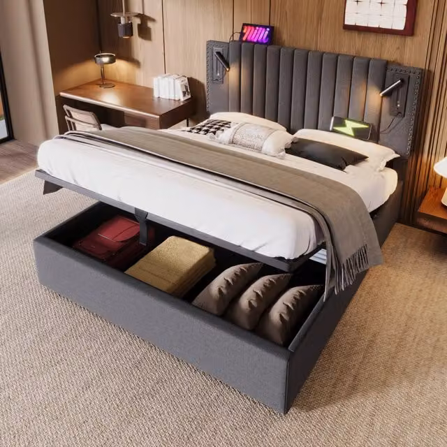Letto matrimoniale 140×200 cm con contenitore, luce da lettura e 2 porte USB tipo C, senza materasso, grigio