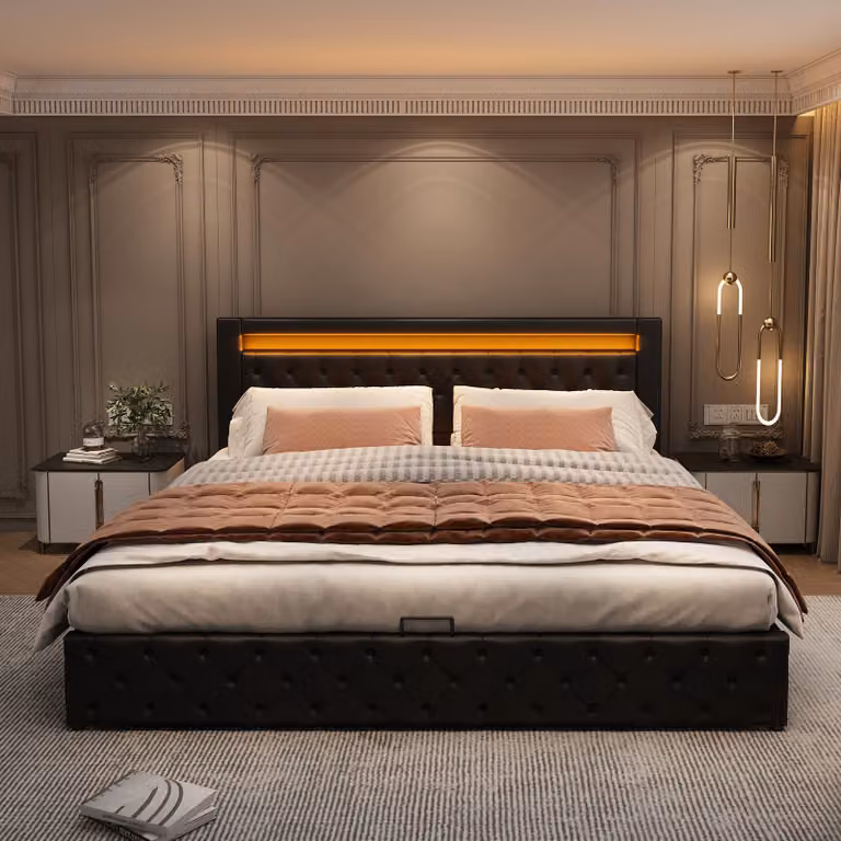 Letto matrimoniale STILVORA LED, letto imbottito 180x200cm, letto funzionale con rete a doghe, letto per ragazzi con contenitore, bianco