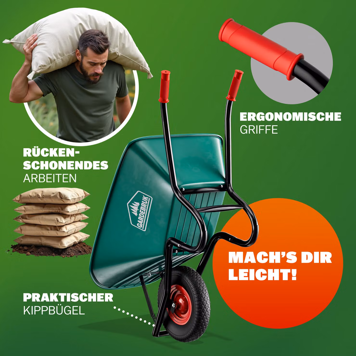 Carriola da Giardino Gardebruk con Ruota Pneumatica da 40 cm, Verde e Nero, Capacità 100 l – 2