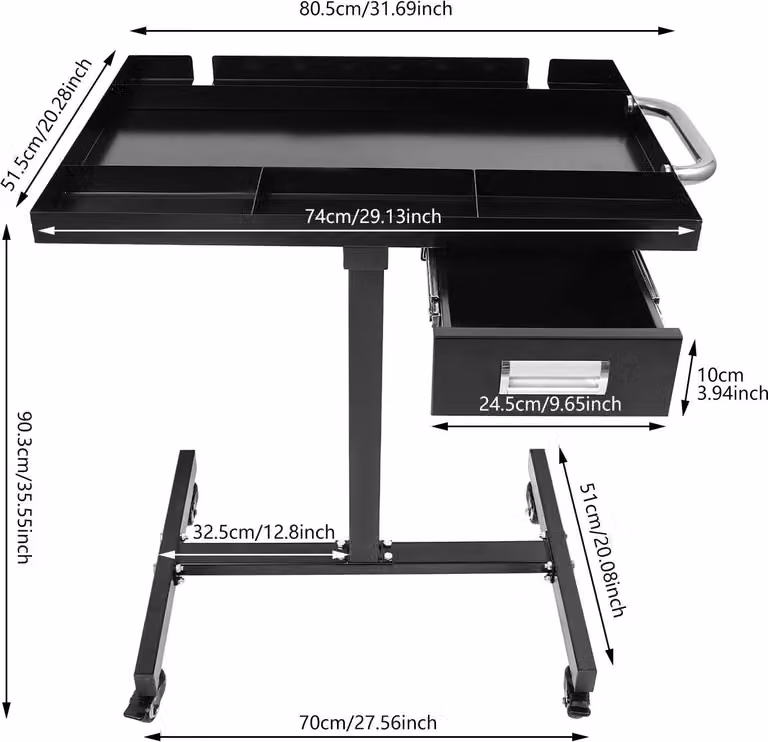 Tavolo da lavoro mobile - Carrello portattrezzi con cassetto - Piano di lavoro in acciaio inossidabile - Capacità di carico: 100 kg - Adatto per garage/officina - Colore: nero