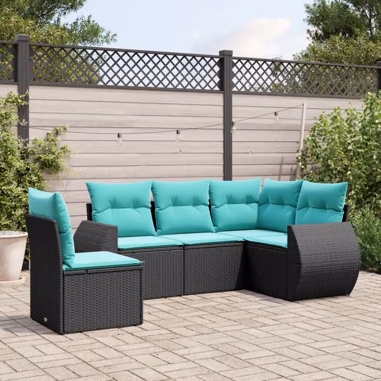 Set di divani da giardino vidaXL a forma di L composto da 5 pezzi con cuscini in polyrattan e struttura in metallo nero