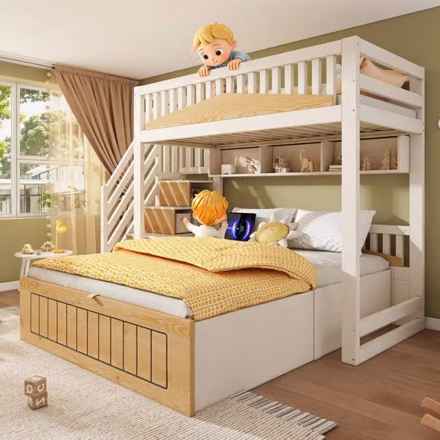 Letto a castello sfalsato 90 × 200 e 140 × 200 cm con vano idraulico; scala contenitore e prese USB bianco naturale