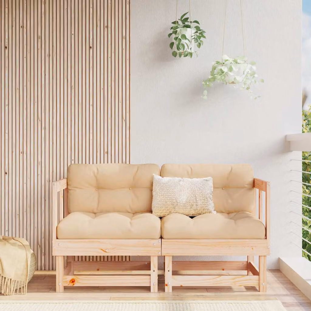 Set di 2 divani angolari vidaXL in legno massello di pino con cuscini in tessuto beige e marrone per giardino e terrazzo