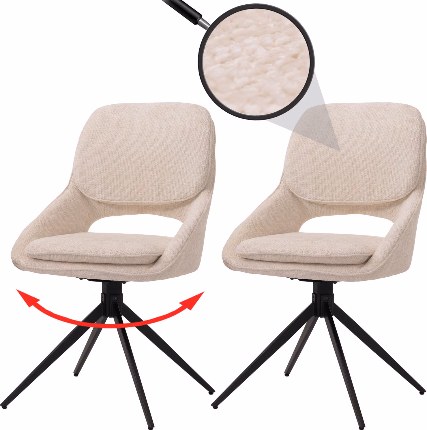 Set di 2 sedie da pranzo HWC-N73, sedie per la cucina, girevoli con sistema di ritorno automatico, rivestite in tessuto chenille (490g/m²), colore crema-beige
