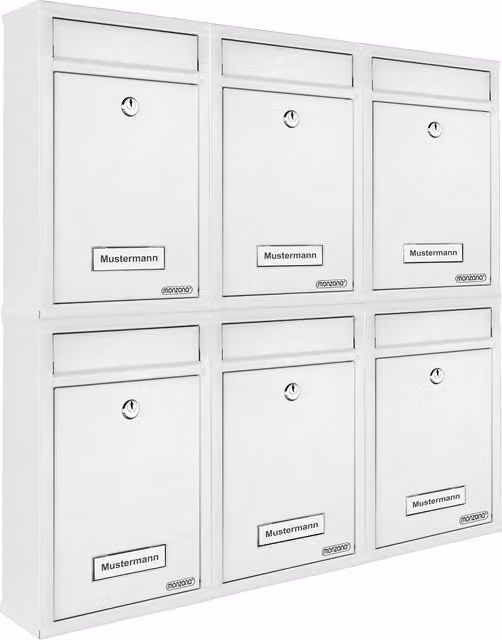 Cassetta postale Monzana con 6 scomparti in acciaio, colore bianco, con 2 chiavi per ogni cassetta