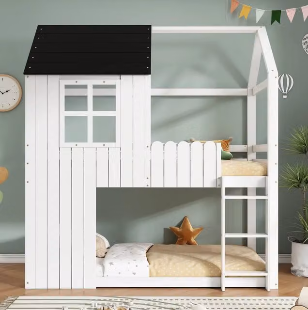 Letto a soppalco per bambini in pino e MDF, 90x200 cm, design casa con finestre, scala a tre gradini, bianco e nero
