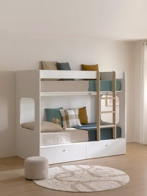 Letto a castello moderno Kenay Home per bambini con cassetti e scala, bianco e rovere