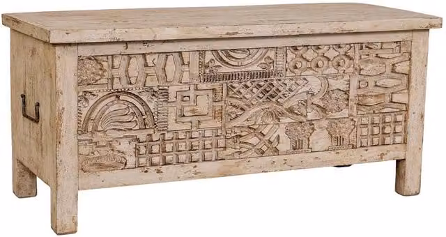Baule in legno beige intagliato a mano 100x40x46h cm