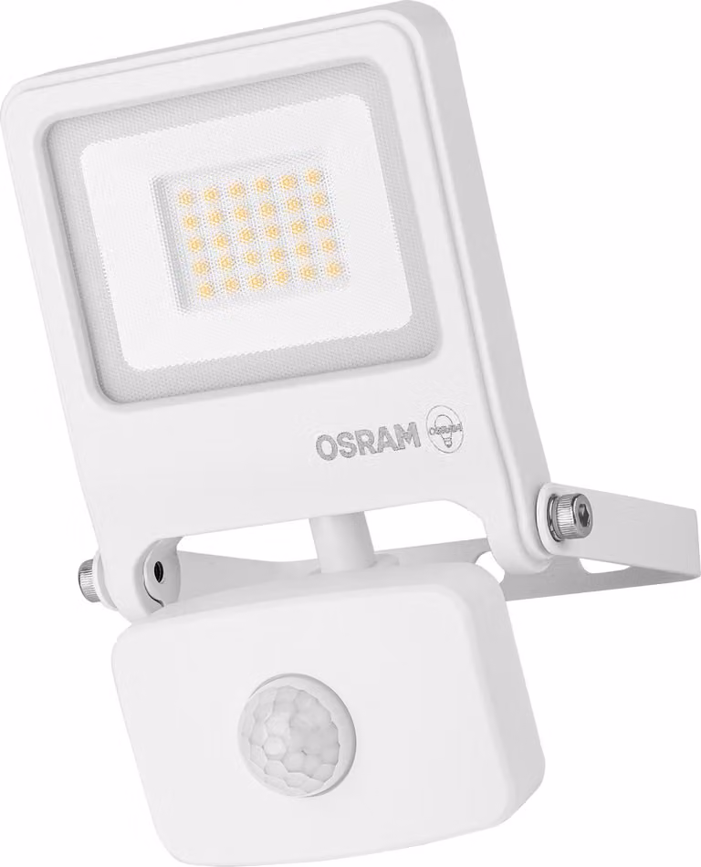 OSRAM ENDURA FLOOD PC Proiettore LED 20W con sensore, 3000K bianco caldo, 1800 lumen, rilevatore IR IP44, taglio luce diurna, bianco