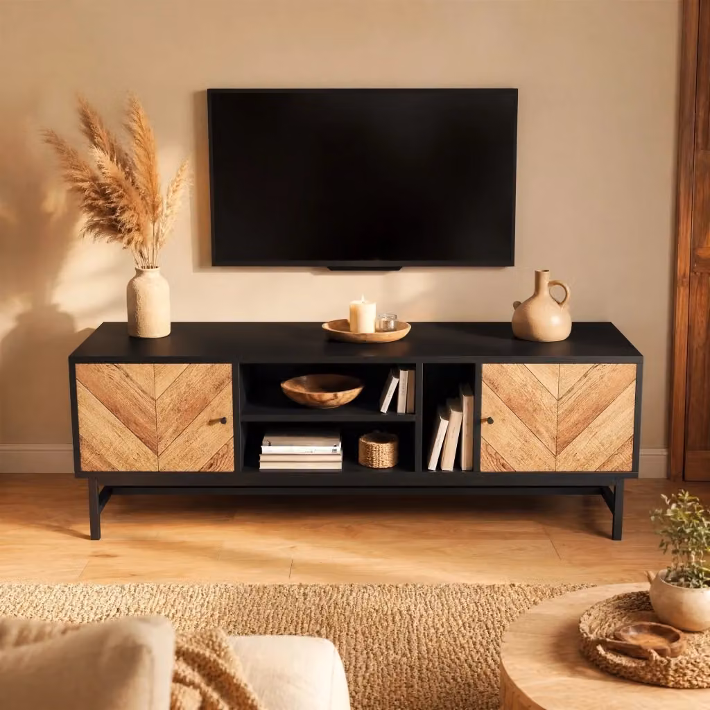 Mobile TV MODFU moderno con 2 ante e vani aperti, gambe in metallo, nero e effetto legno, Larghezza: 150 cm – 2