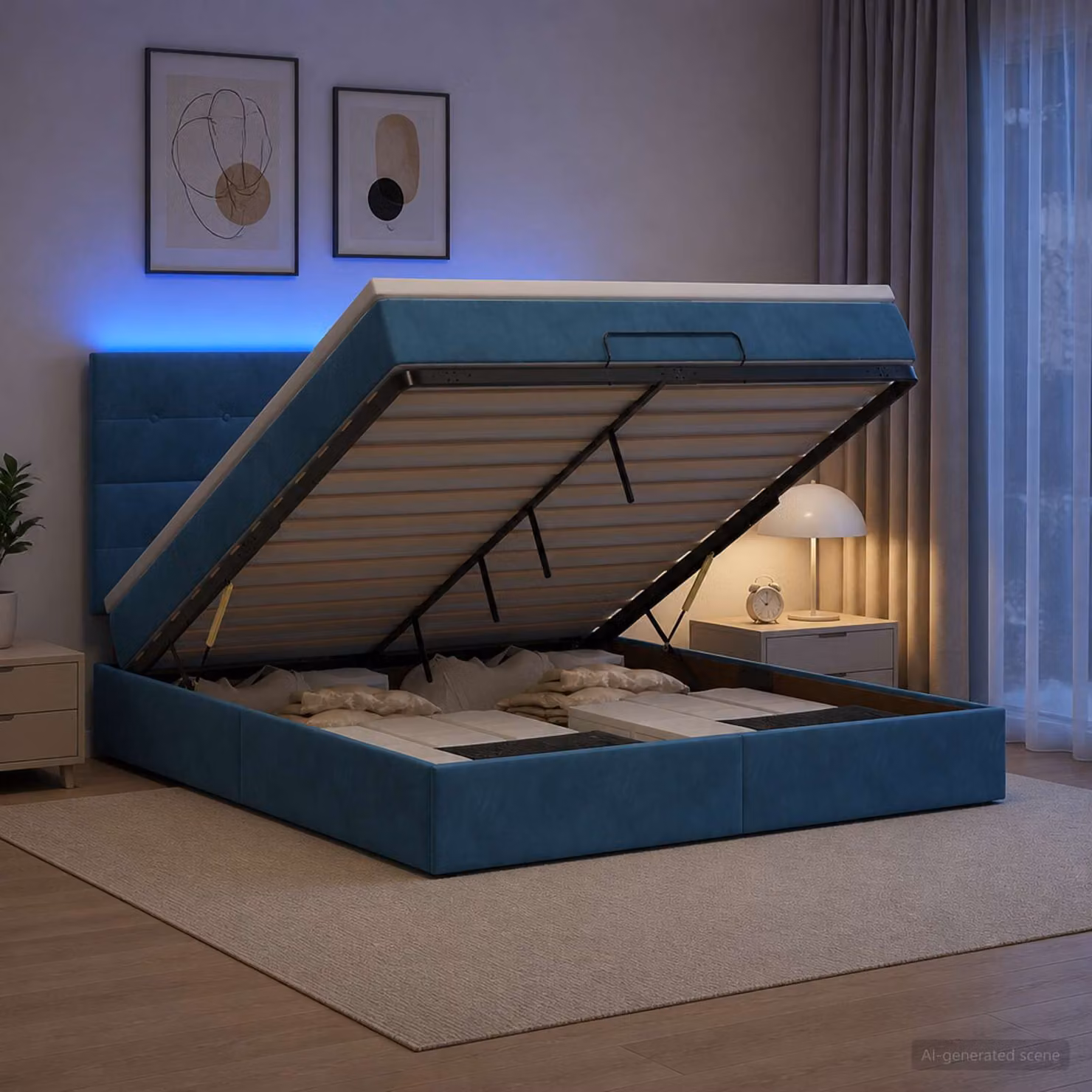 Letto Ottomano vidaXL con Materasso Ibrido e Illuminazione LED Blu scuro L: 140 cm, P: 200 cm, H: 88 cm