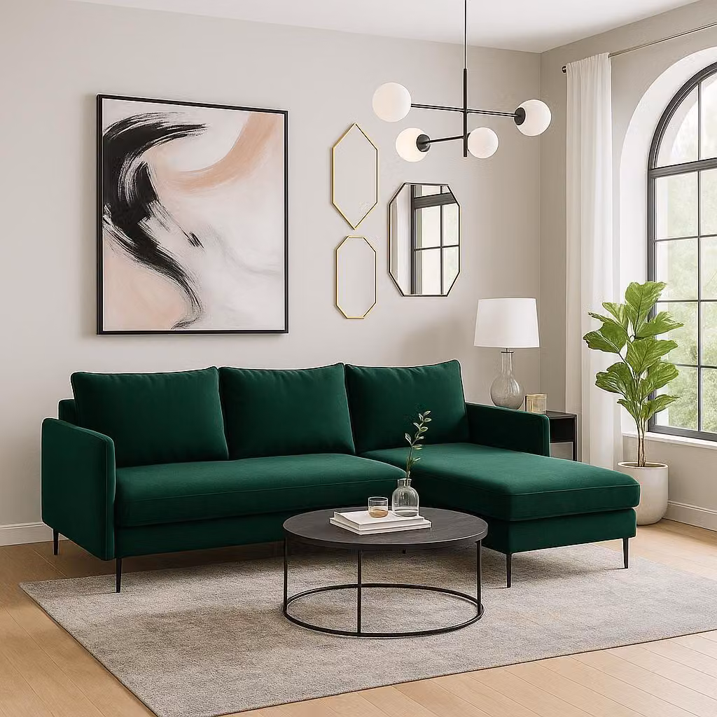 Divano angolare GUTTO Divano letto BELLISSIMA verde con funzione letto Divano in velluto velour con box letto e contenitore